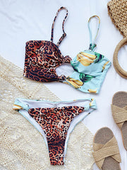 Spaghetti-Ausschnitt, Split-Joint, Leoparden-Hohl-Bralette, Hipster-Bikini-Bademode 