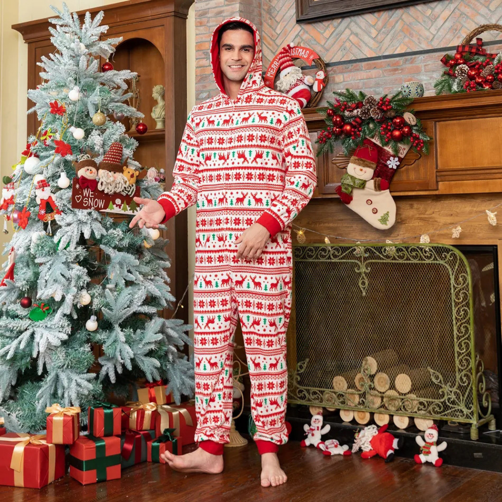 Einteiliger Familienpyjama mit Weihnachtselch-Print und Kapuze