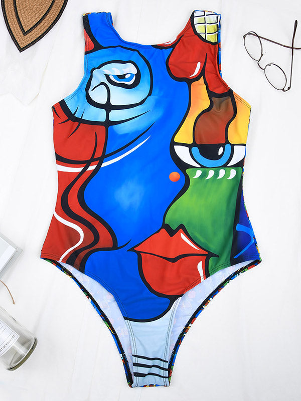 Sleeveless Abstract Print Padded One-Piece Swimwear