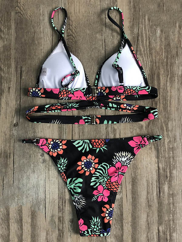 Floral Printed Triangles Bandage Split Bikini Swimsuit