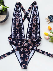 Floral-Print Deep V-Neck Bandage Backless One-Piece Swimwear