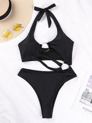 Solid Color Halterneck Split-Joint Hollow Monokini One-Piece Swimwear