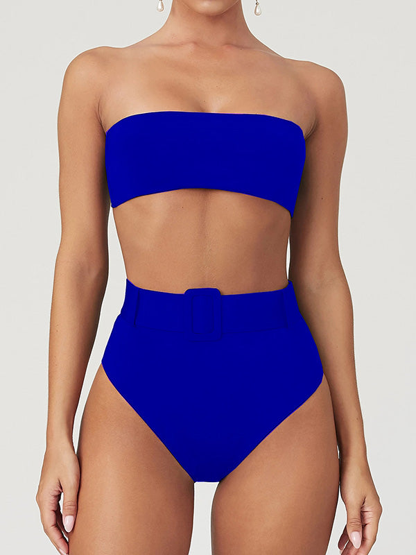 Solid Color Bandeau Belted Split Bikini Swimsuit