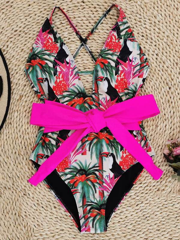 Floral Print Knotted Backless One-Piece Swimwear