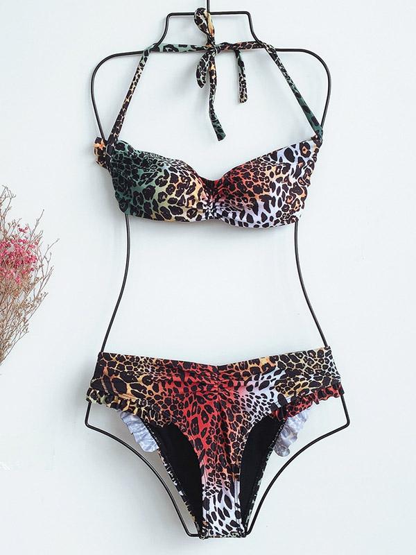 Leopard Print Ruffled Bandage Backless Split Bikini Swimsuit