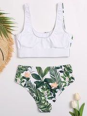 Asymmetric Floral-Print Split-Joint Embellished Split Bikini Swimsuit