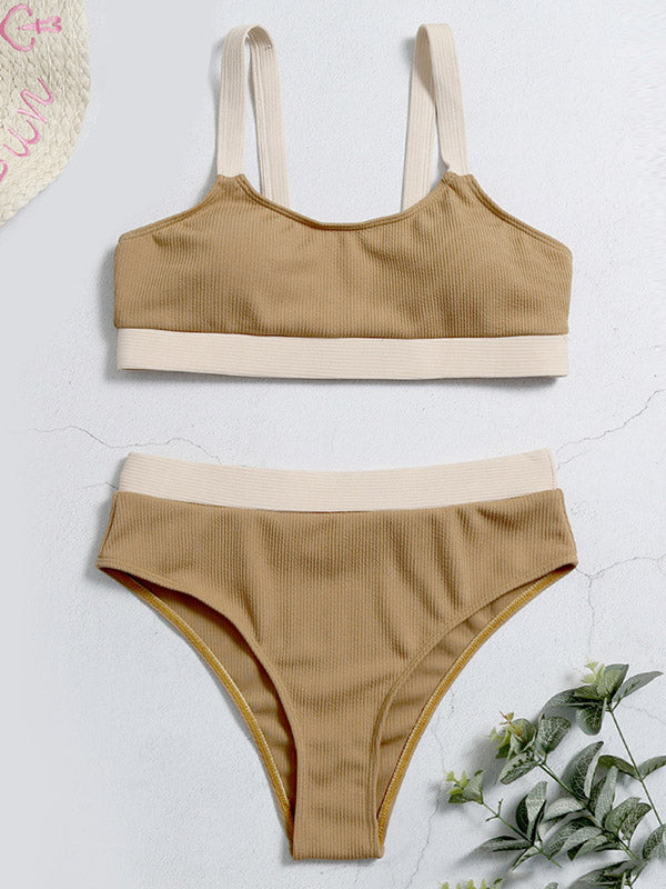 Ärmelloses Bralette mit Farbblock und hoher Taille, einfache Bikini-Bademode 