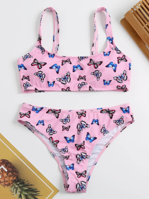 Floral-Print U-Neck Split Bikini Swimsuit