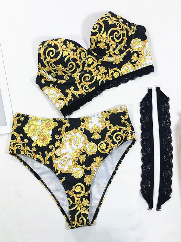 Chinese Style Printing Lace Split Bikini Swimsuit