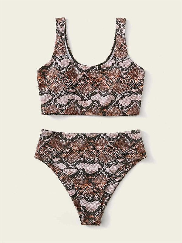 Sexy Snake-Print U-Neck Split Bikini Swimsuit