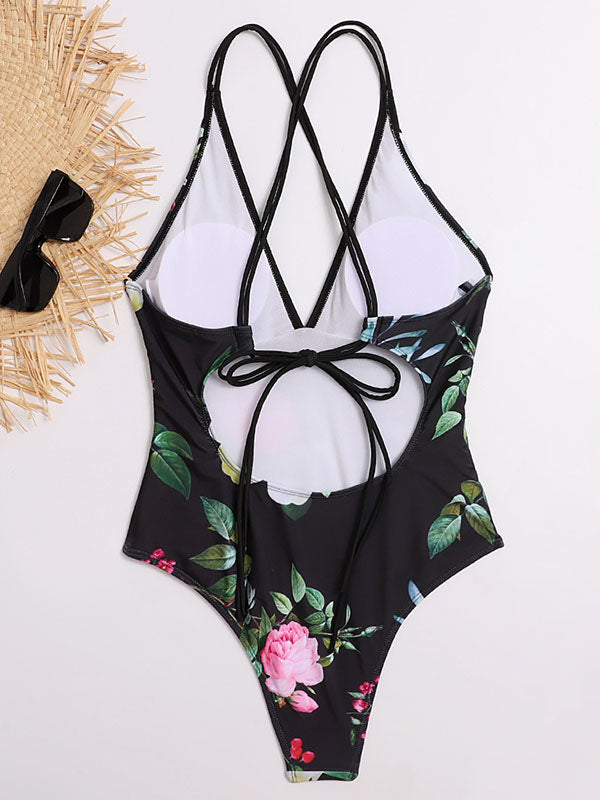 Floral-Print V-Neck Backless Tight One-Piece Swimwear