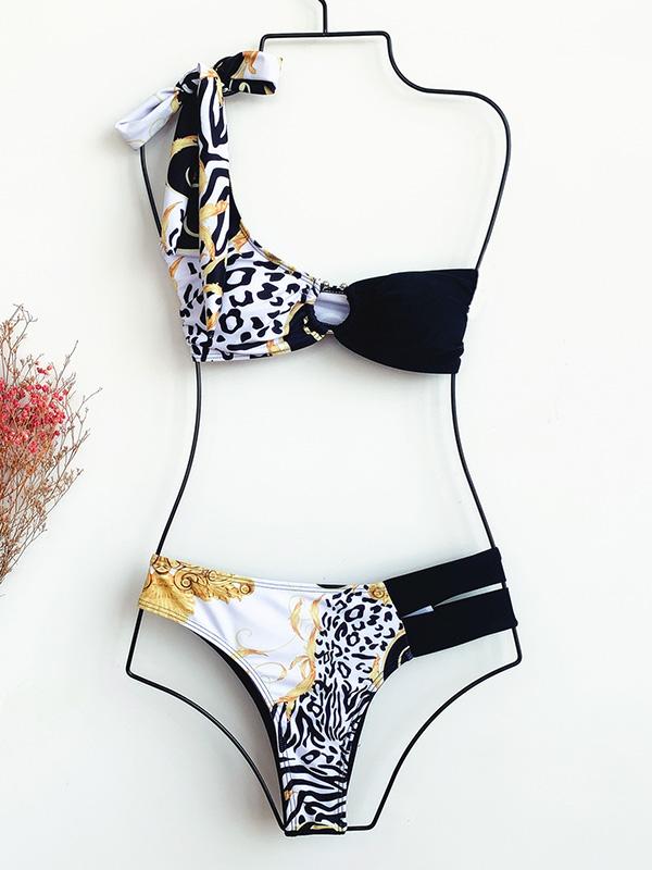 Asymmetric One-Shoulder Printed Split Bikini Swimsuit