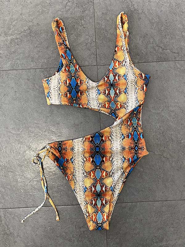 Sleeveless Printing Hollow Bandage Monokini Swimwear