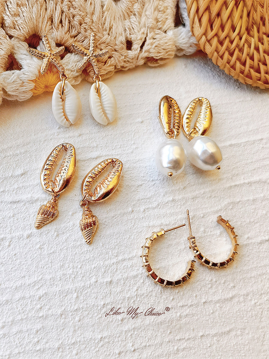 Beach Shell Pearl Boho Earrings Set 4pairs