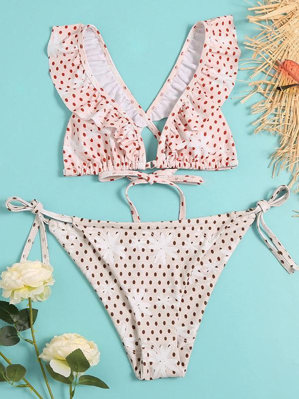 Polka-Dot Printed Flared Sleeves Triangles Backless Split Bikini Swimsuit