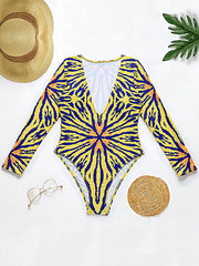 Long Sleeve Deep V-Neck Floral One-Piece Swimwear