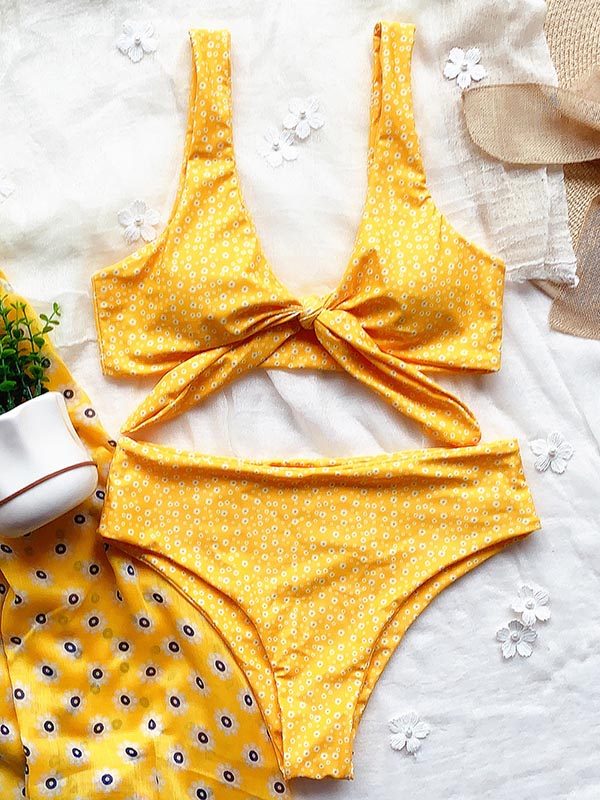 Bikini-Badeanzug mit Blumenmuster, V-Ausschnitt, Schlitz und Knoten 