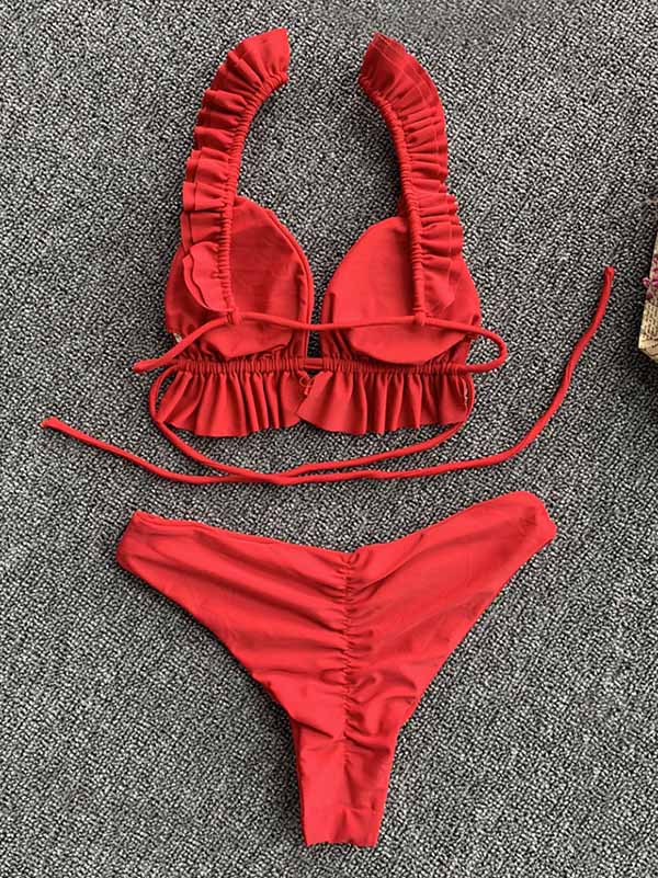 Solid Color Ruffled Triangles Split Bikini Swimsuit