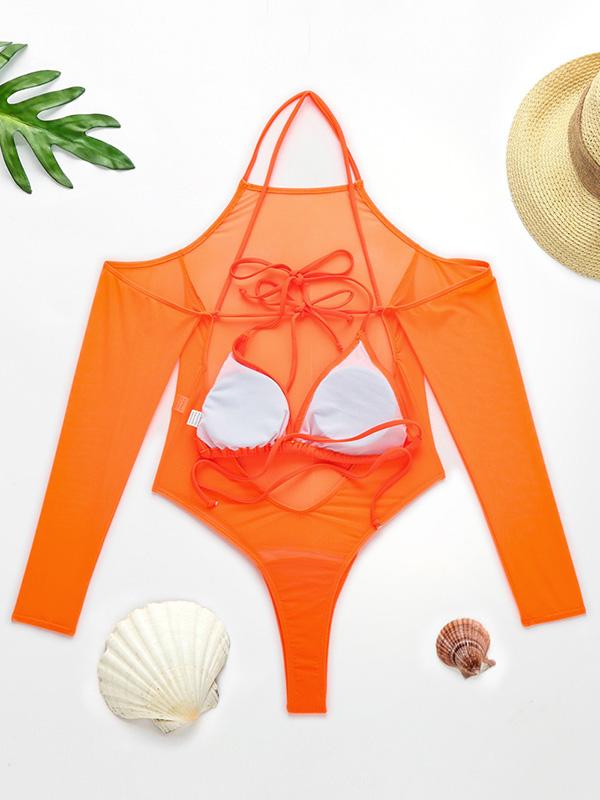 Solid Color See-Through Gauze Wetsuits+Triangles Swim Top