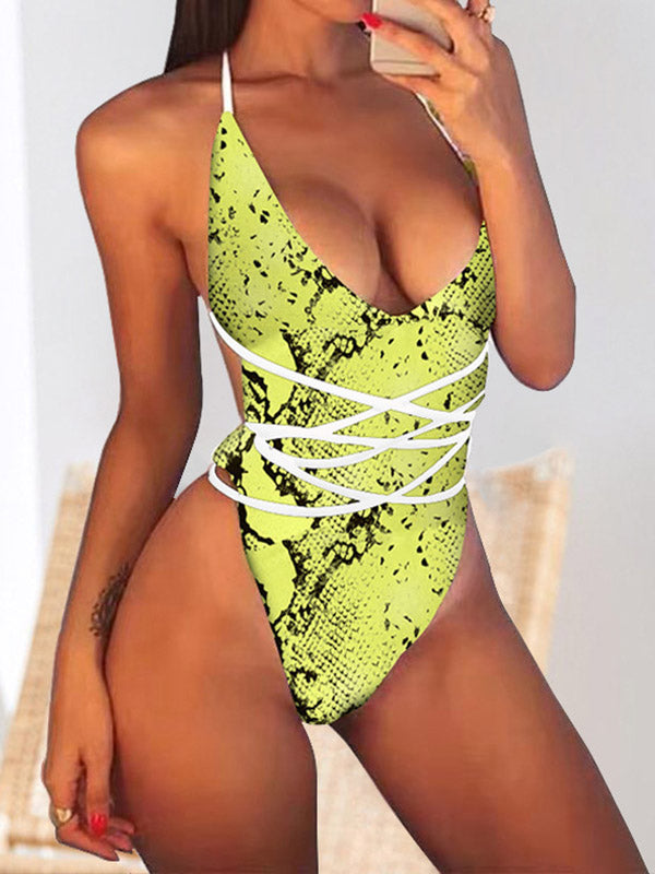 Animal Print Backless Bandage One-Piece Swimwear