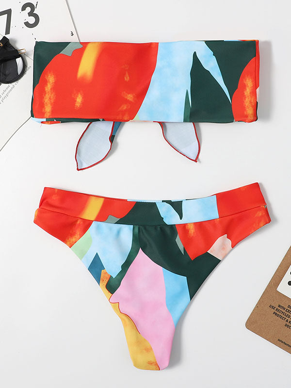 Bandeau-Bikini mit Blumenmuster und Knoten, mehr Bedeckung 