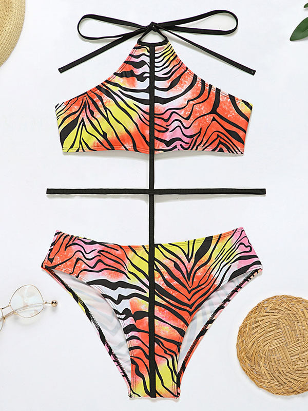 Monokini Multi-Color Striped Hollow One-Piece Swimwear