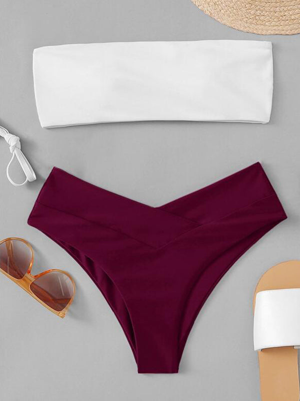 Solid Color Color-Block Bandeau Split Bikini Swimsuit