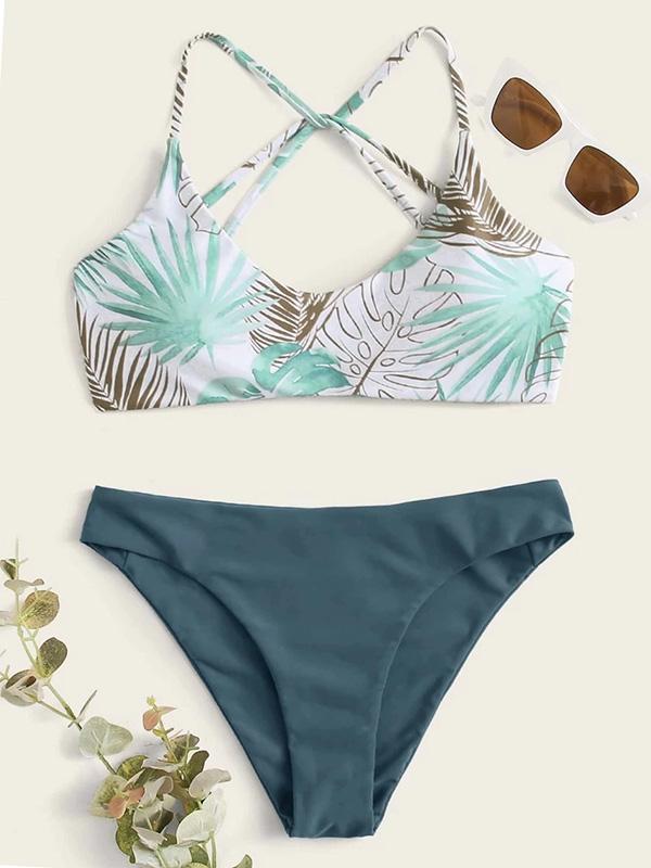 Floral-Print Contrast Color Backless Split Bikini Swimsuit