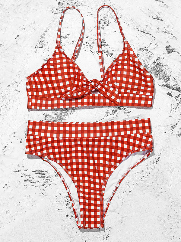 Plaid Printed Knotted Spaghetti-Neck Split Bikini Swimsuit