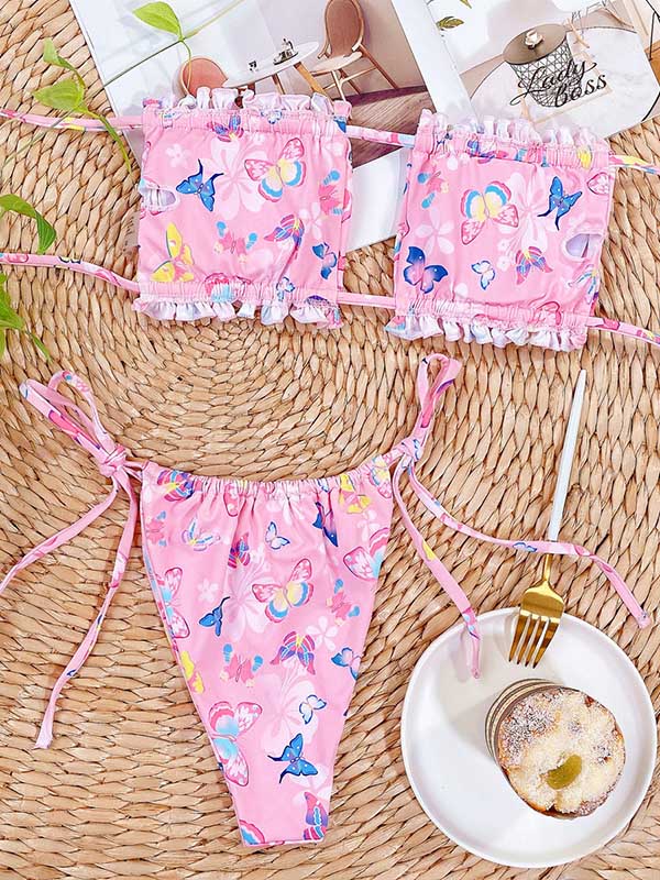 Bandeau-Bikini-Badeanzug mit Blumenmuster, Rüschen, Hohlbandage und Schlitz 