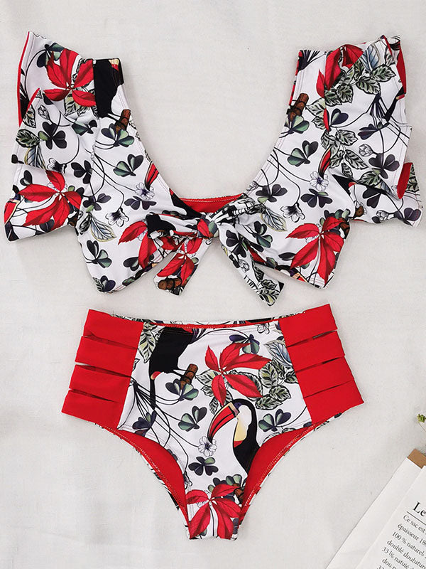 Bikini-Bademode mit Rüschen, Schleife und Blumenmuster und hoher Taille 