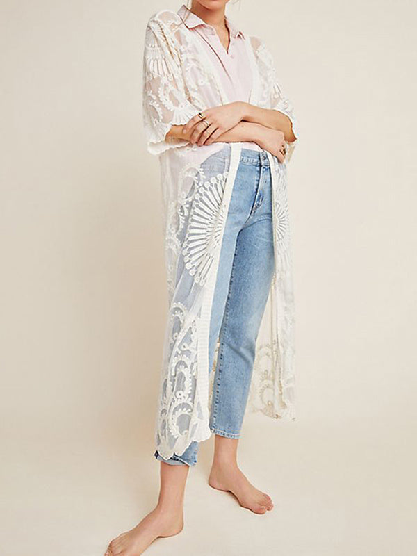 Half-Sleeve Embroidered See-Through Cardigan Cover-Up Swimwear