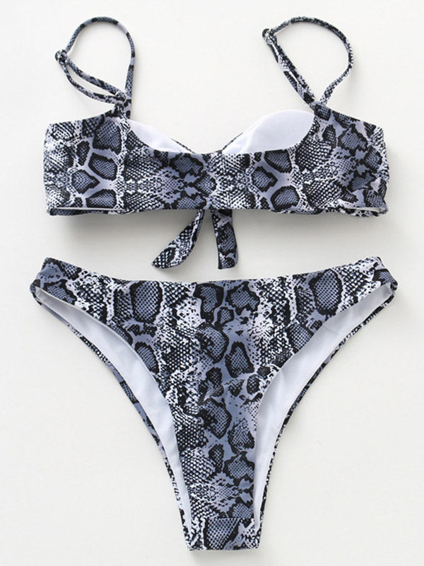 Snake-Print Knotted Bandeau Split Bikini Swimsuit