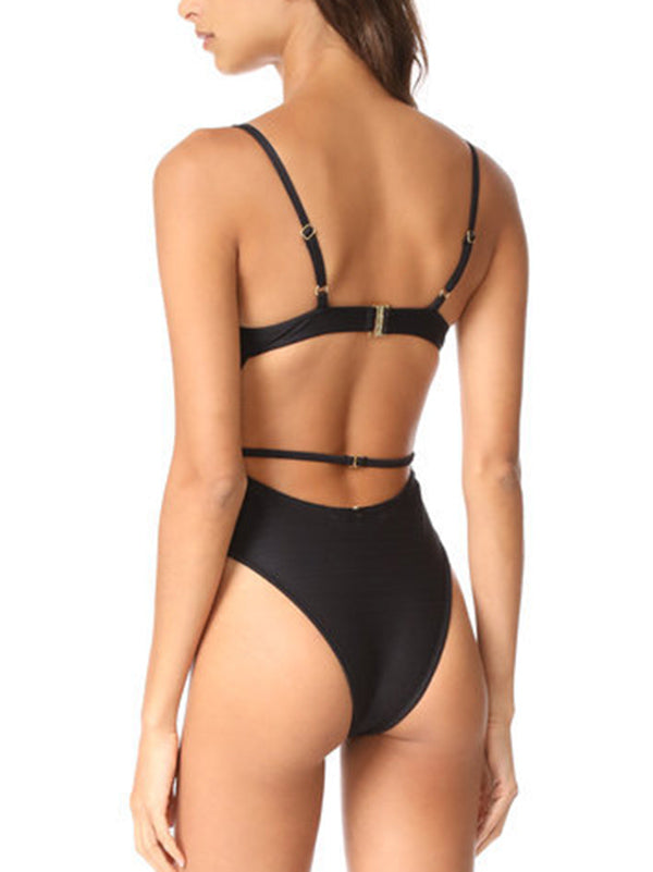 Spaghetti-Neck Split-Joint Hollow One-Piece Swimwear