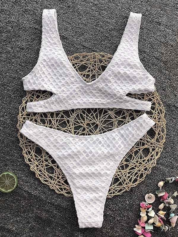 Solid Color Gauze Tiered Hollow Split Bikini Swimsuit