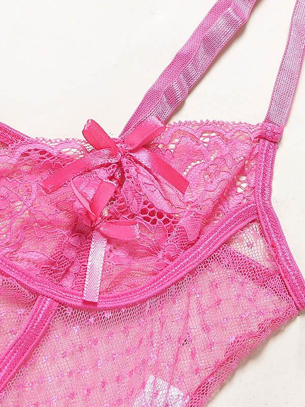 Dreiteiliges Dessous-Set mit Spitzenschleife und Schlitz 