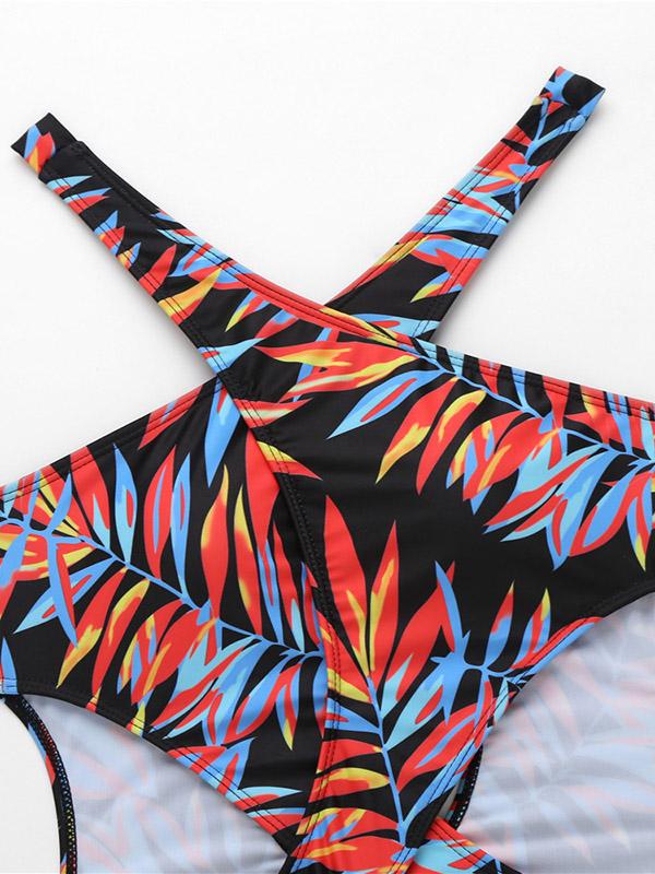 Floral-Print Bandage Hollow One-Piece Swimwear