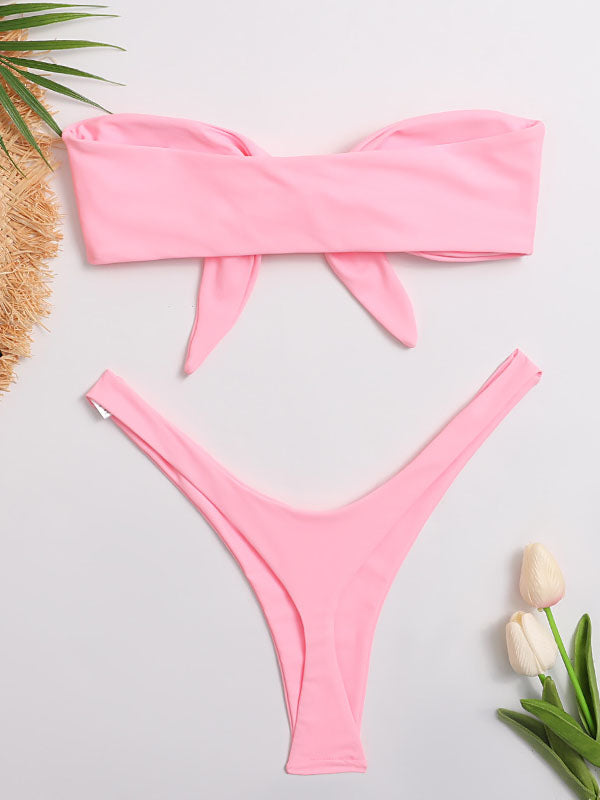 Barbie – Rosafarbener Bandeau-Bikini-Badeanzug mit Schlitz und Knoten 