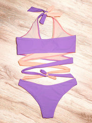 Contrast Color Split-Joint Bandage Split Bikini Swimsuit