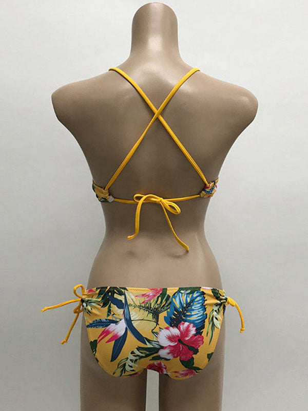 Floral Print Backless Bandage Bustier Tie Side Bikini Swimwear