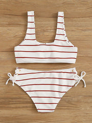 Striped U-Neck Bandage Split Bikini Swimsuit