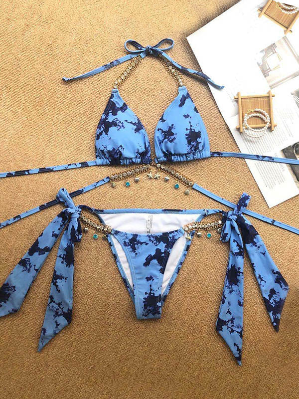 Gorgeous Embellished Bandage Triangles Split Bikini Swimsuit