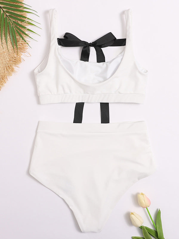 Solid Color Bowknot Lace-Up Bikini Swimsuit