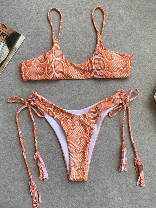 Snake-Print Bandage Spaghetti-Neck Split Bikini Swimsuit