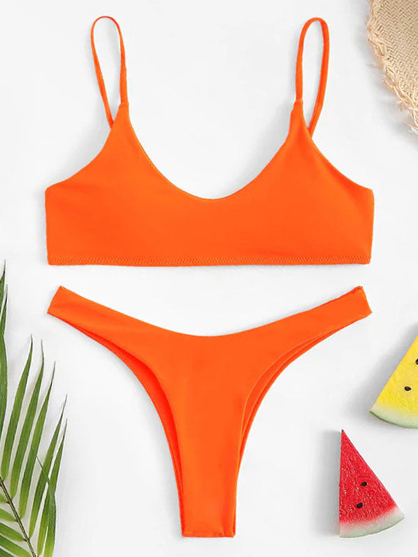 Solid Color Spaghetti-Neck Split Bikini Swimsuit