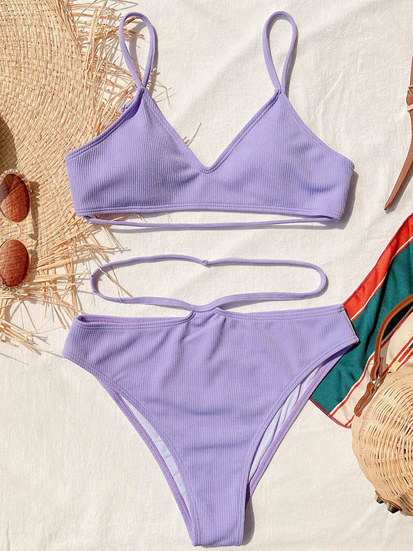 Solid Color Bralette Hollow High-Waisted Bikini Swimwear