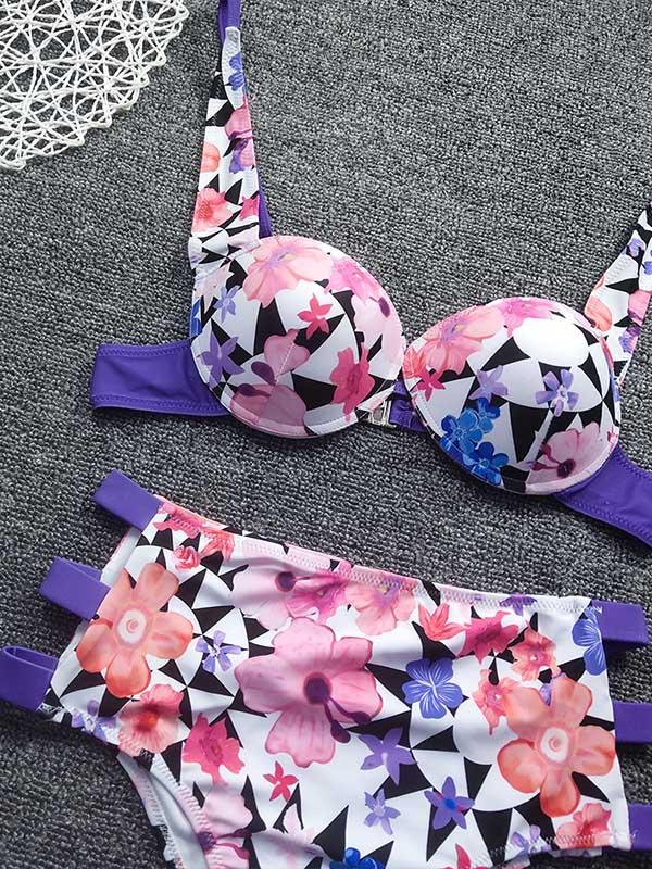 Floral-Print Bandage Split-Joint Underwired Split Bikini Swimsuit