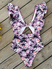 Floral-Printed Falbala Hollow One-Piece Swimsuit