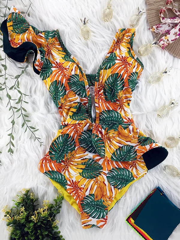 Ruffled Floral V-Neck One-Piece Swimwear