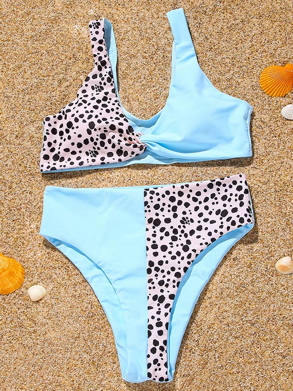 Contrast Color Leopard Print Bralette High-Waisted Bikini Swimwear